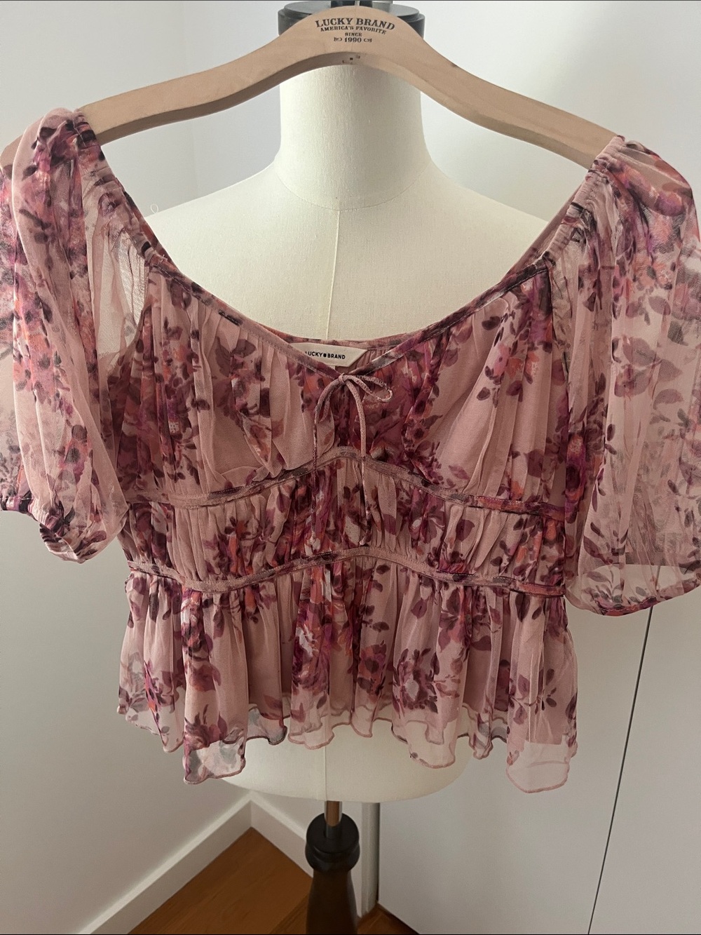 Lucky Brand Pink Floral Sheer Peasant Top
